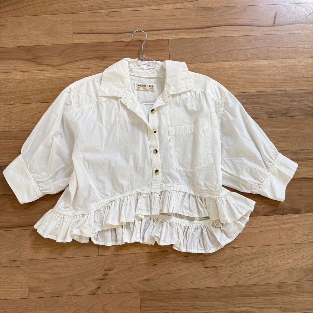 We The Free Bailey Shirt Women XS White Cotton Ruffle Hem Cropped OB2270386 - Picture 2 of 15